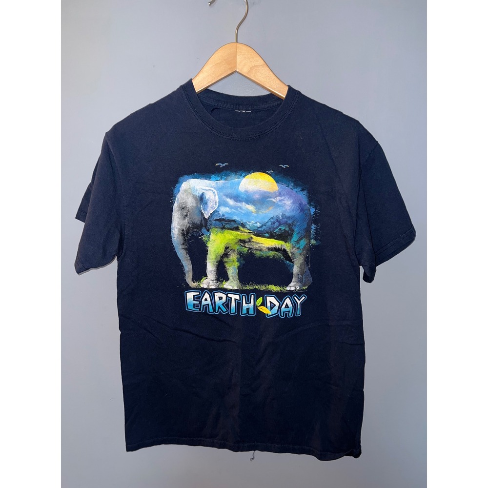 Earth Day Elephant Graphic Tee Navy Blue Nature Landscape Short Sleeve Shirt